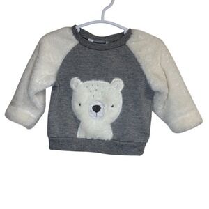 Rene Rofe Baby Polar Bear Sweatshirt Fuzzy Sleeve Gray White 3-6 Month